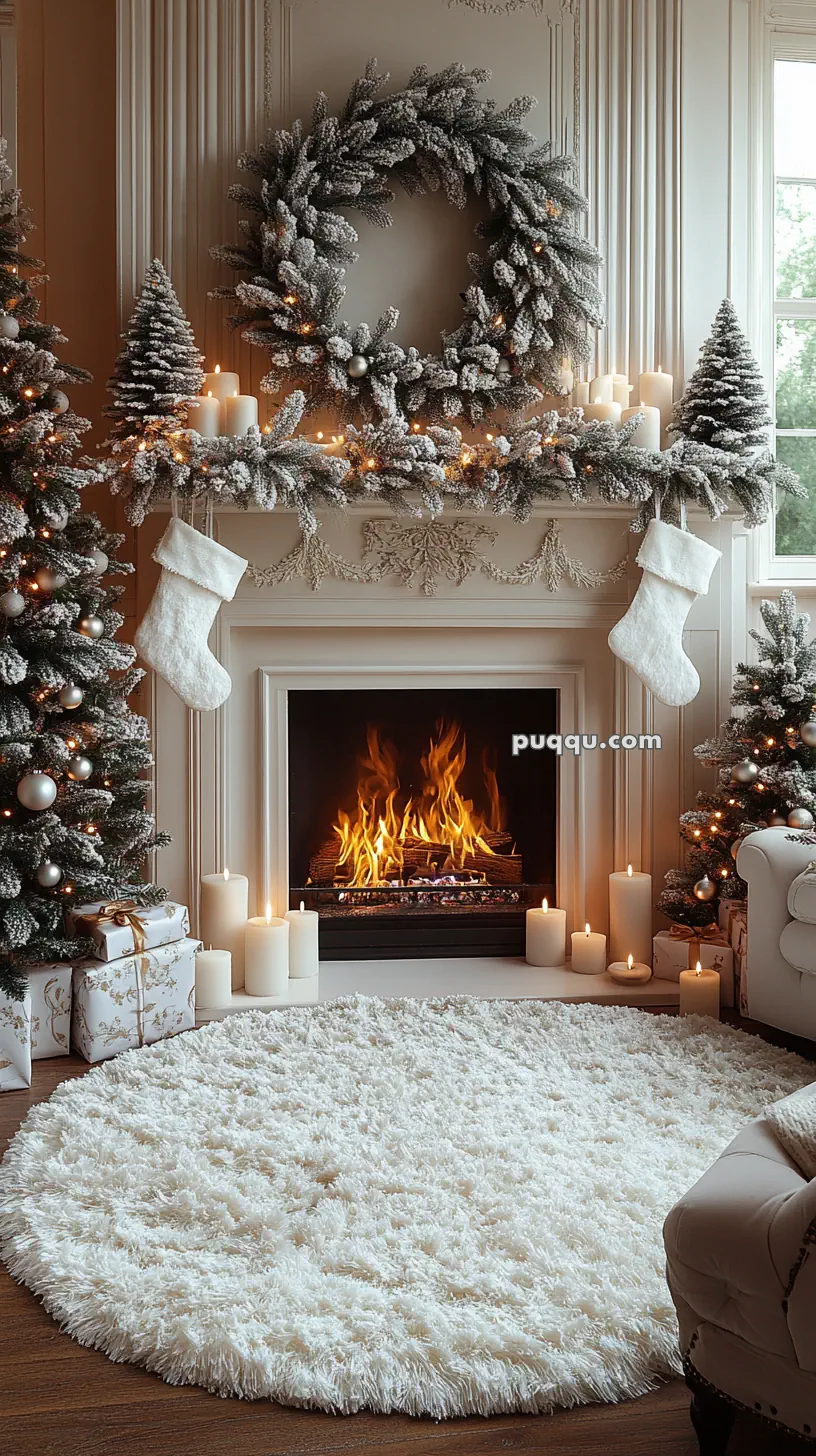 Christmas-themed living room with a decorated mantel featuring a large wreath, stockings, candles, and a lit fireplace, surrounded by snowy trees and a fluffy white rug.