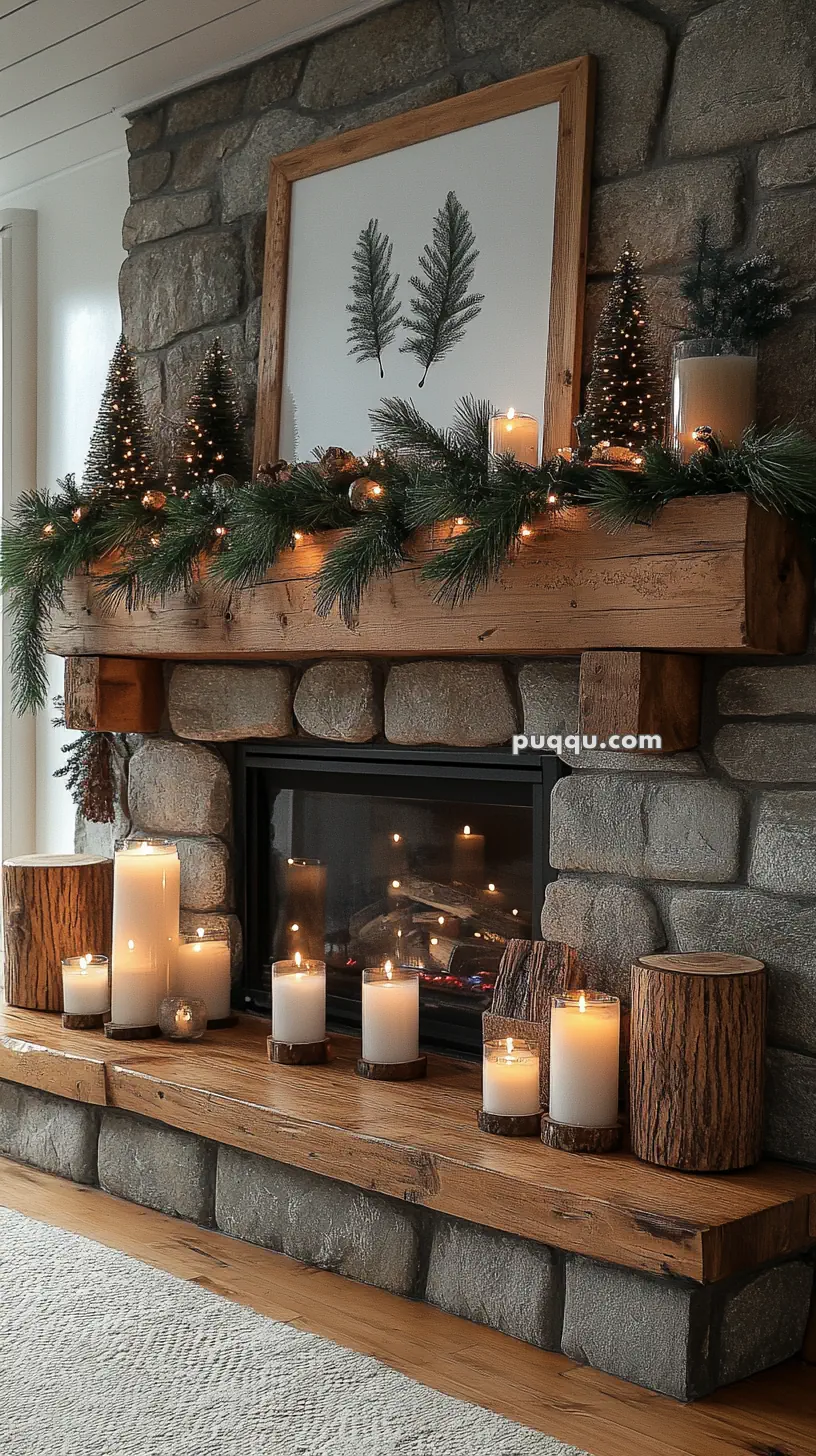 Cozy stone fireplace decorated with candles, pine garland, and small lit trees, under a framed artwork of pine branches.