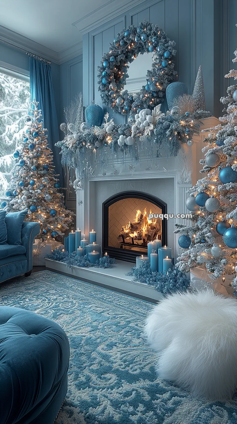 Cozy living room with a blue and white Christmas theme, featuring a decorated mantel with garland, a wreath, blue candles, and two Christmas trees flanking a lit fireplace.