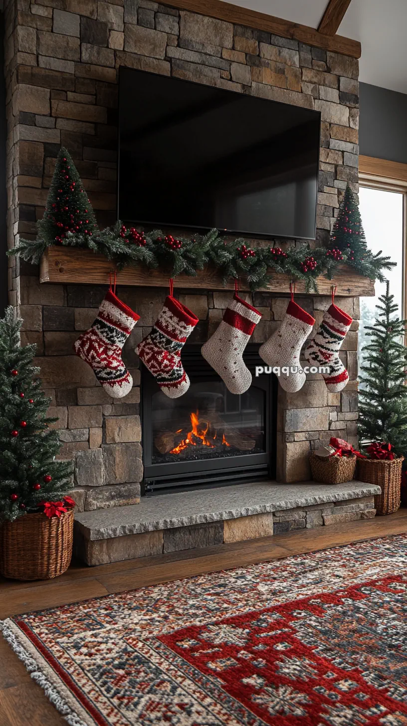 Cozy fireplace with a stone facade, decorated with Christmas stockings and garland, flanked by small festive trees, and a patterned rug on the floor.