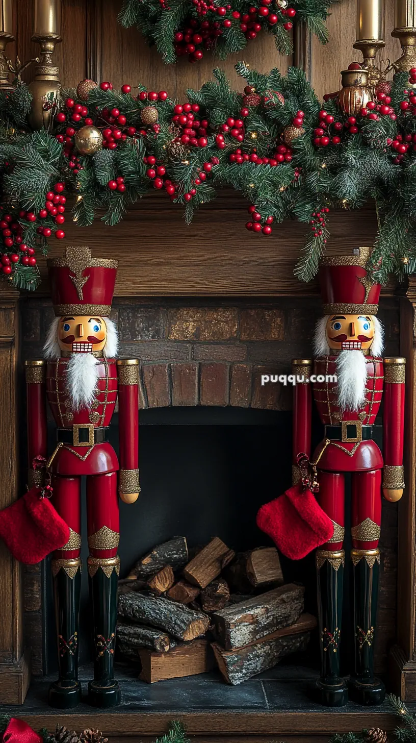 Two red nutcracker figures stand on either side of a fireplace adorned with festive garlands and decorations.