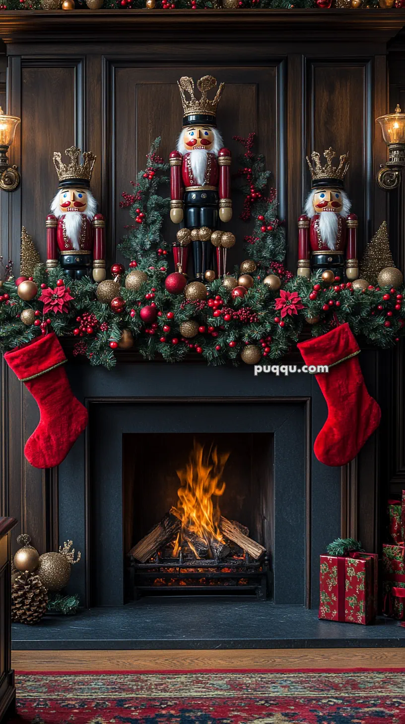 Fireplace decorated with nutcracker figures, festive garlands, red and gold ornaments, and red stockings hanging on the mantel.