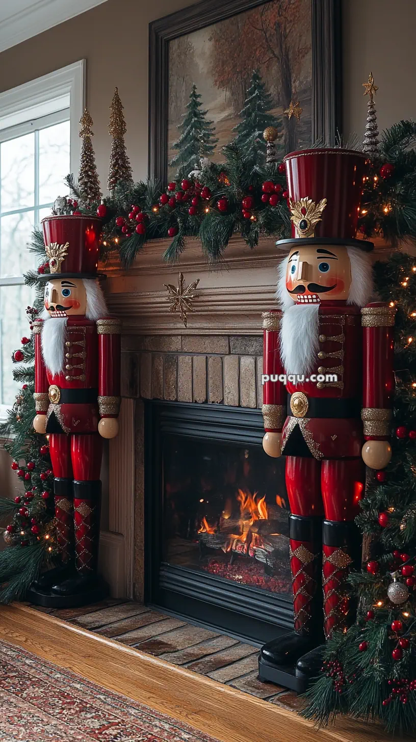 Two large nutcracker figures stand on either side of a decorated fireplace, adorned with greenery, red berries, and golden ornaments.