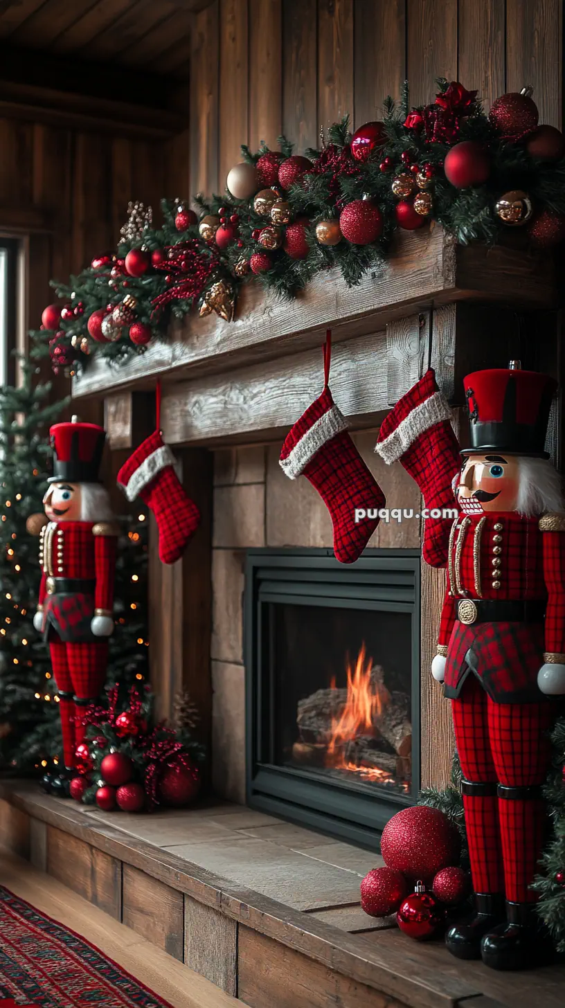 Wooden fireplace mantel decorated with red and gold holiday garland, plaid nutcracker figures, and three plaid Christmas stockings, with a fire burning below.