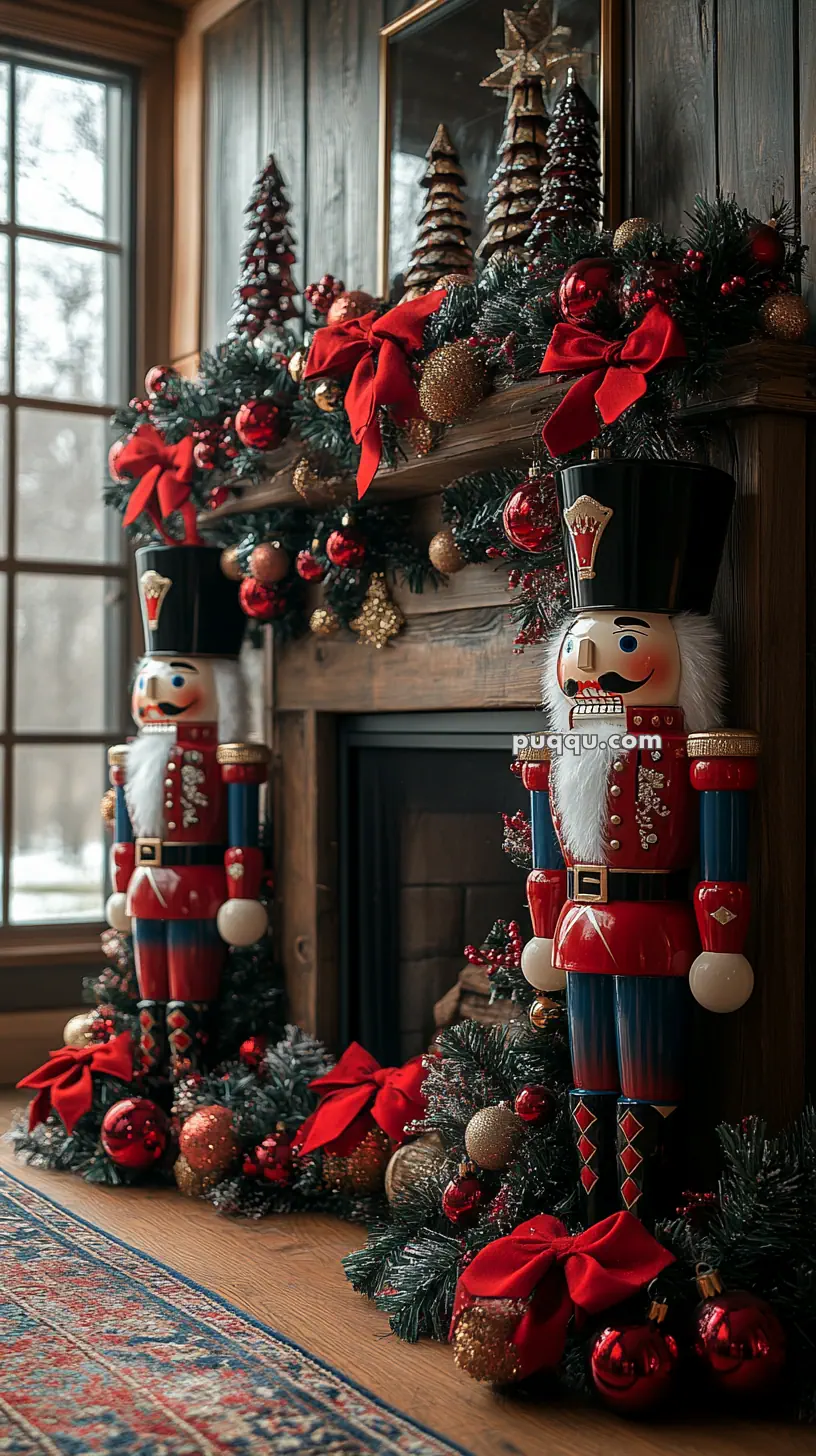 Christmas fireplace with nutcracker statues, garlands, red bows, and ornaments.