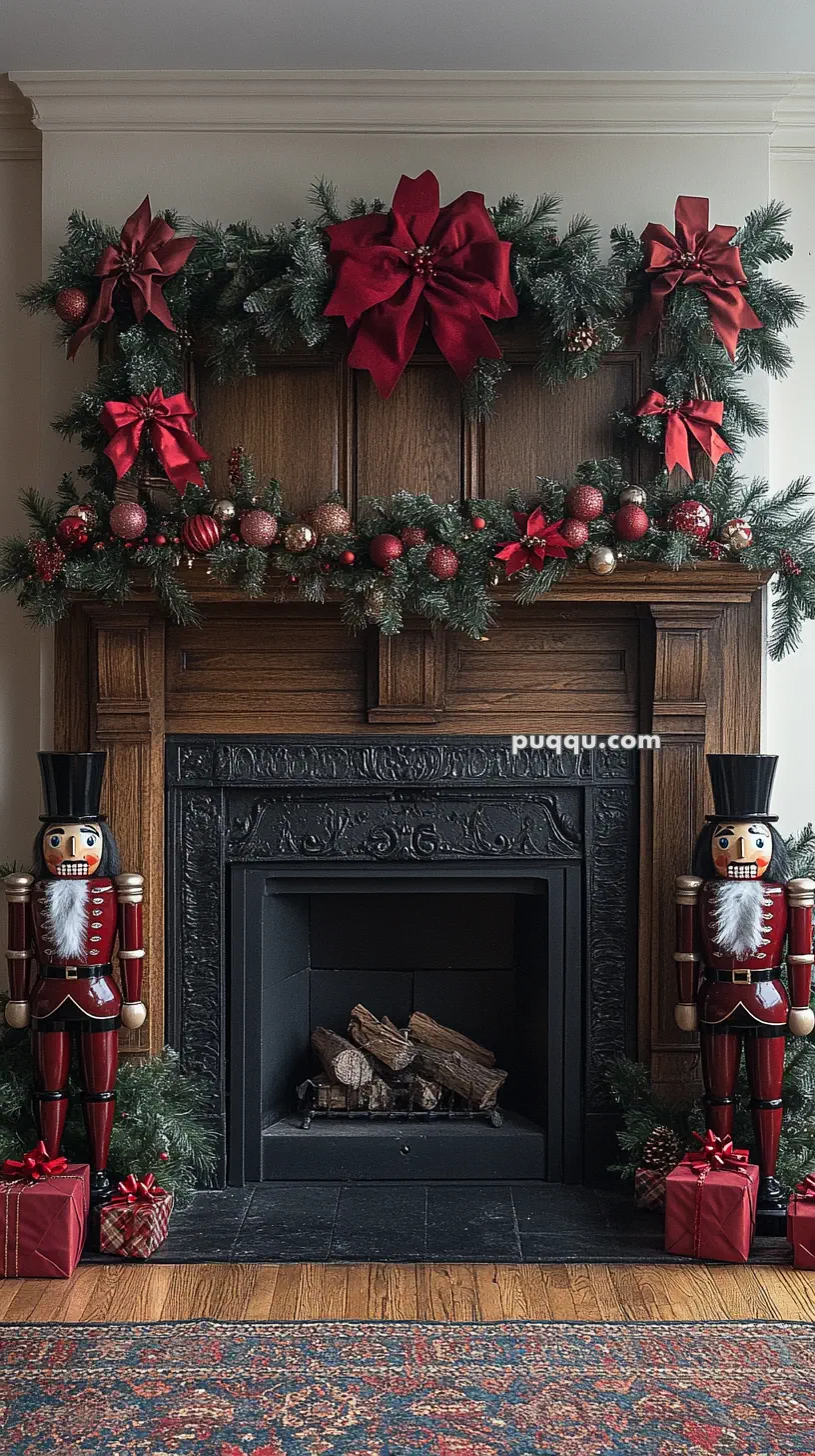 A decorated fireplace with a garland of greenery, red bows, ornaments, and two nutcracker statues, flanked by wrapped gifts.