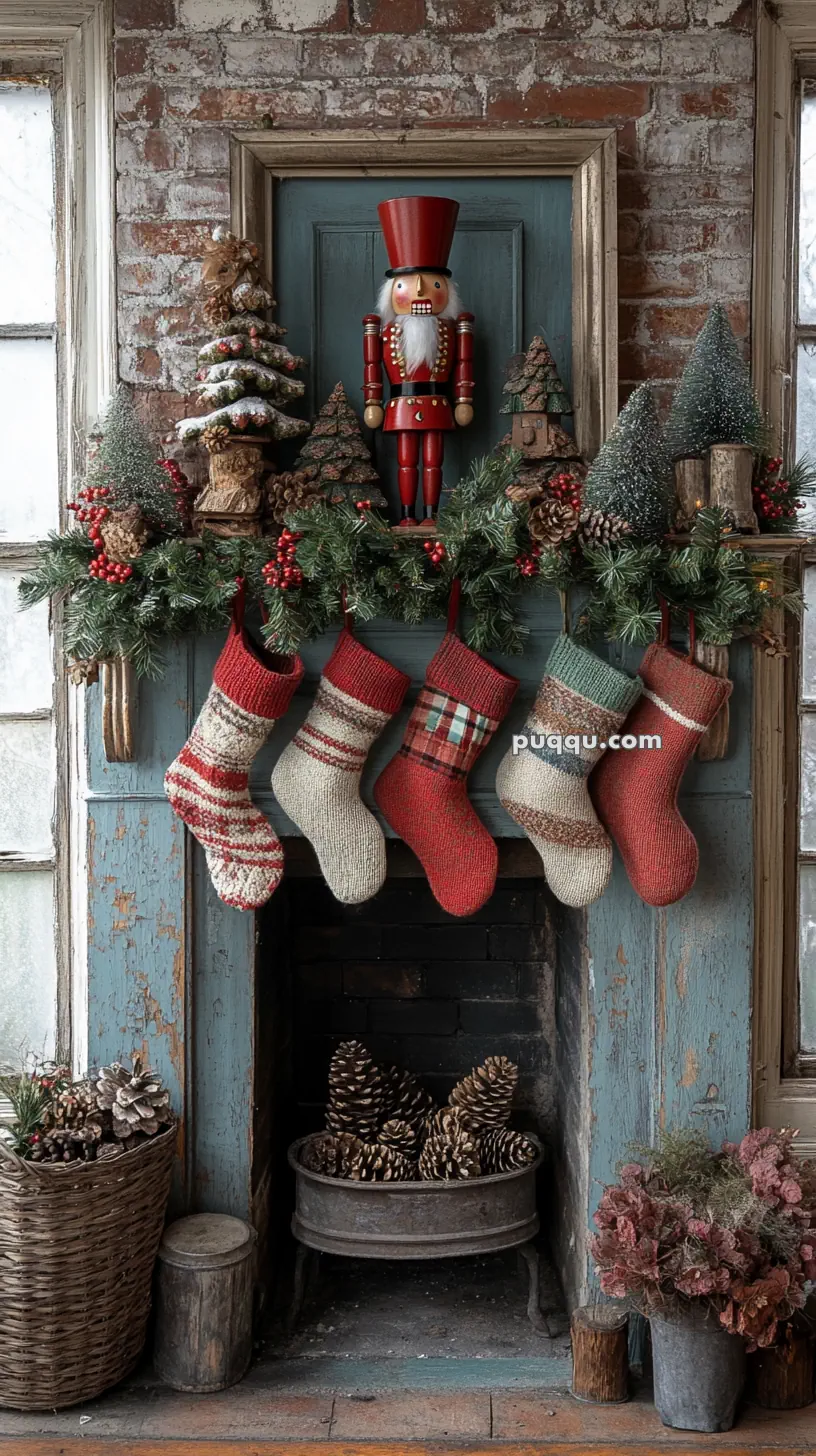 A cozy, festive fireplace with a classic wooden nutcracker, pine garland, miniature trees, and four knitted stockings hanging above.