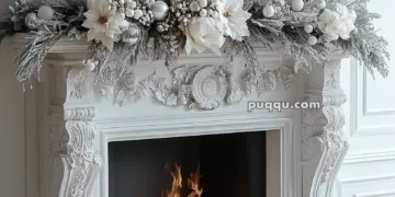 Elegant white fireplace decorated with a wreath, candles, silver ornaments, and snowy greenery.