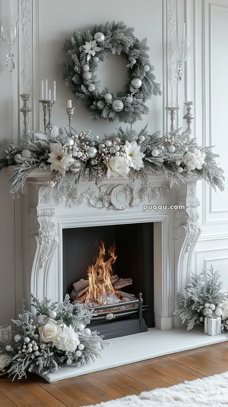 Elegant white fireplace decorated with a wreath, candles, silver ornaments, and snowy greenery.