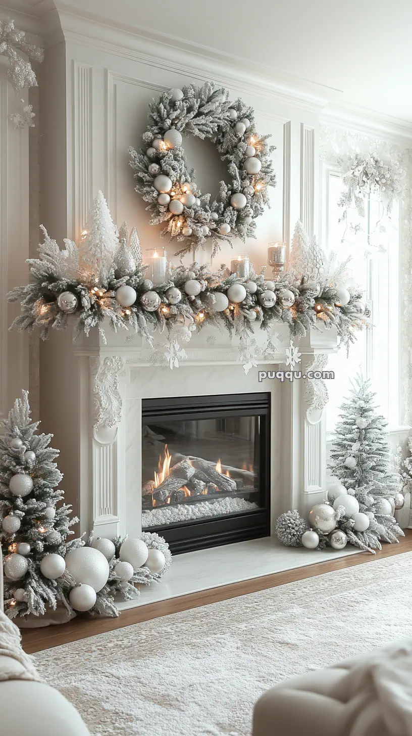 A beautifully decorated fireplace with a garland of frosted branches, white ornaments, and warm lights, flanked by frosted mini Christmas trees and a large wreath above.