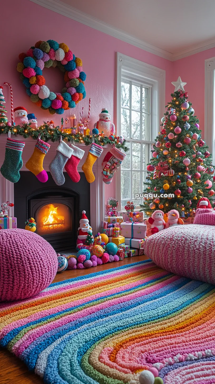 A cozy pink living room decorated for Christmas with a colorful wreath, stockings, a lit fireplace, a Christmas tree, and gifts. A rainbow rug and large knitted cushions are on the floor.