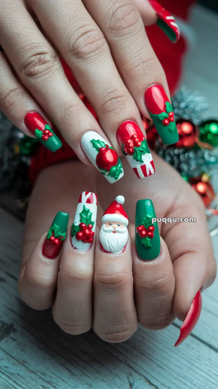 Close-up of festive Christmas-themed nail art with red, green, and white polish, featuring holly designs, a Santa Claus, and 3D embellishments.