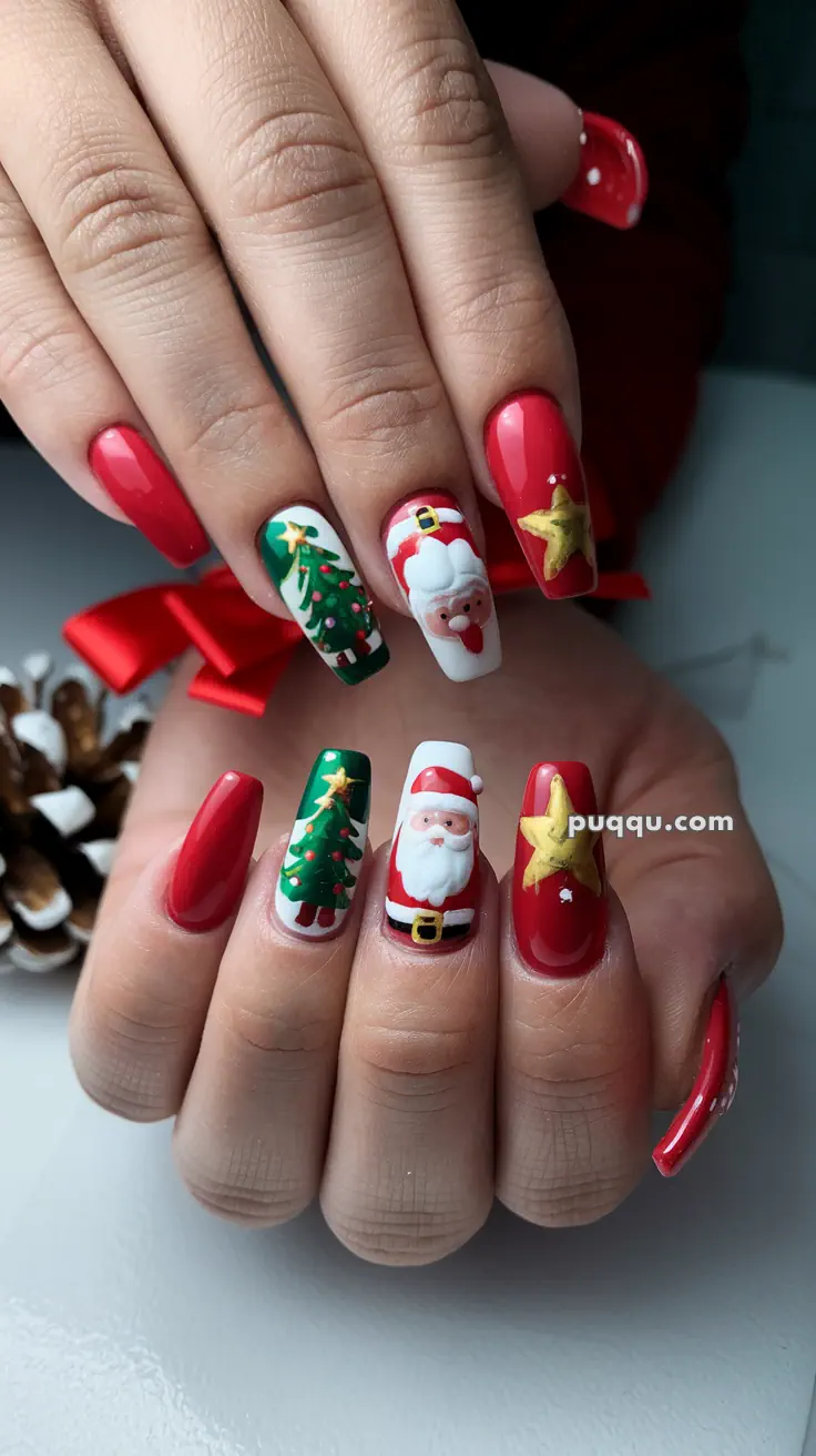 Festive nail art featuring Christmas themes with Santa Claus, Christmas trees, and golden stars on red and white nails.