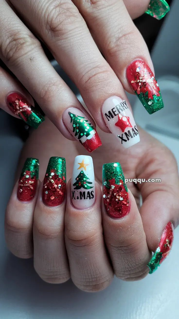 Festive Christmas-themed nails with green and red glitter, Christmas tree designs, and "Merry X-Mas" text.