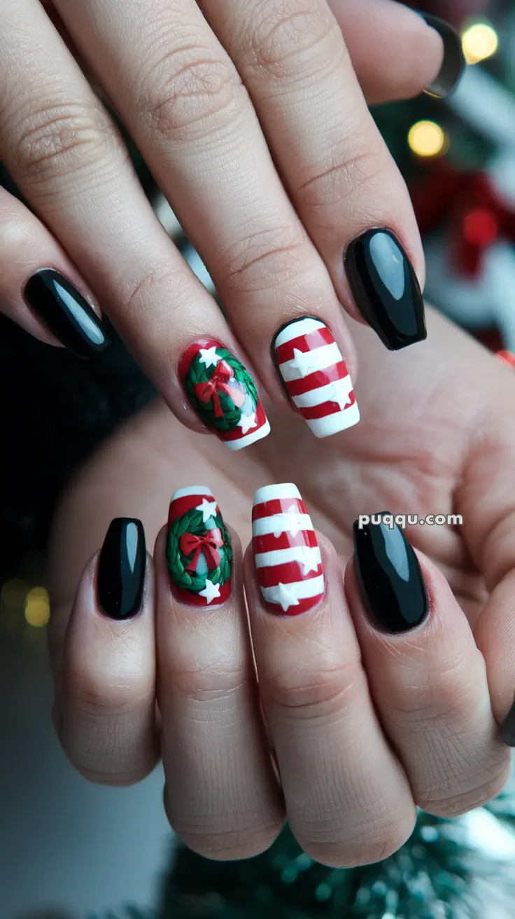 Christmas-themed nail art with black, red, white stripes and stars, and green wreath designs.