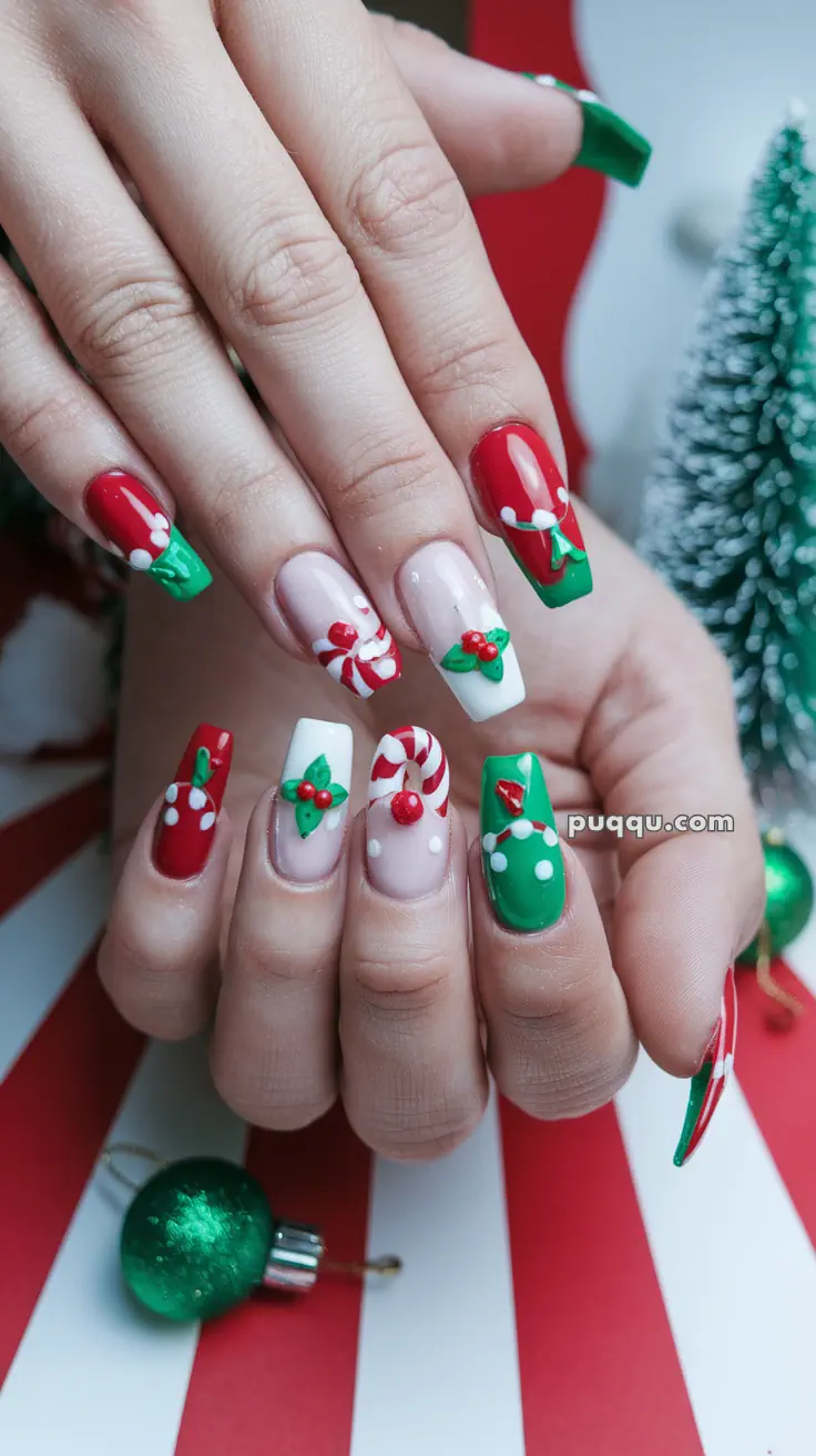 Festive Christmas-themed nail art with red, green, and white designs, including candy canes, holly, and snowflakes.