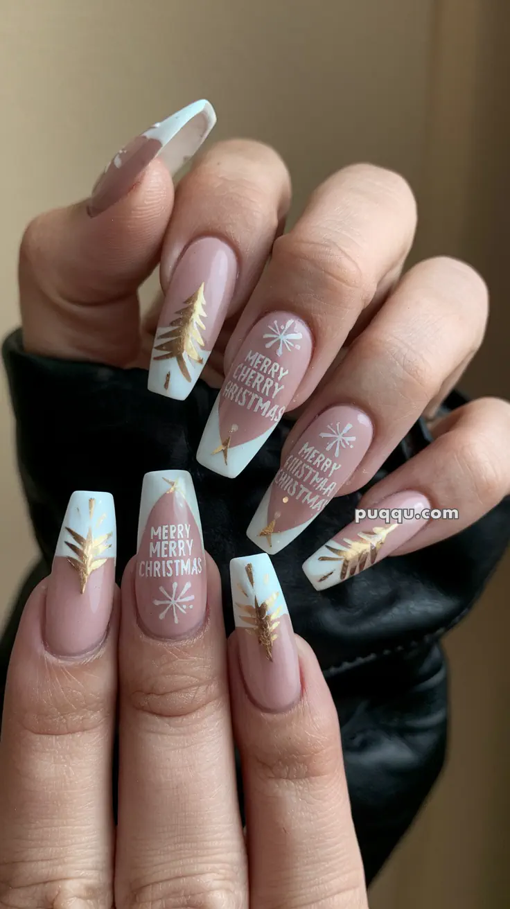 Festive nail art with gold Christmas trees, white snowflakes, and "Merry Merry Christmas" text.