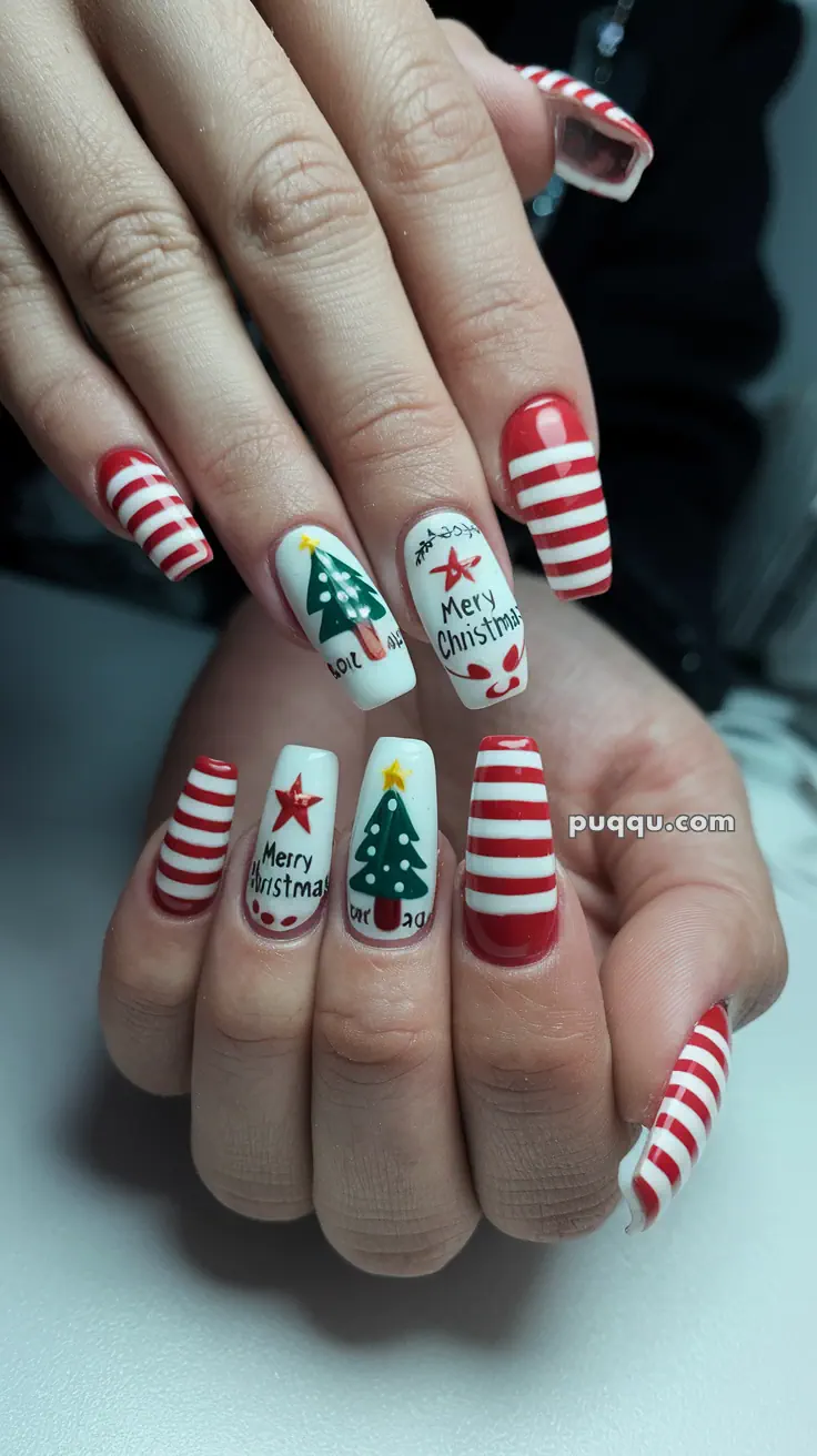 Fingernails with Christmas-themed nail art, featuring red and white stripes, Christmas trees, and "Merry Christmas" text.