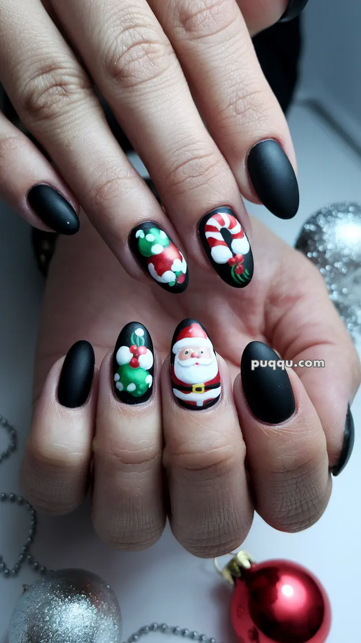 Hands with black matte nail polish featuring Christmas-themed 3D designs, including Santa Claus, wreaths, and candy canes.