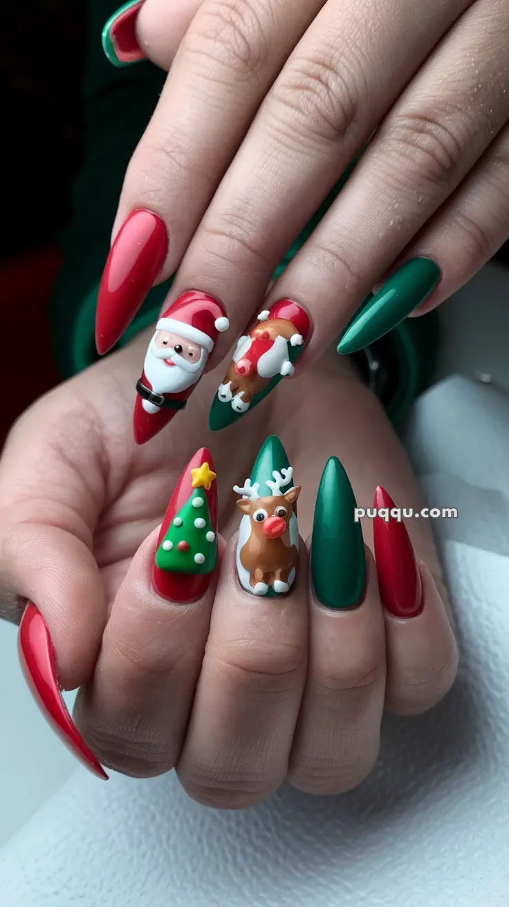 Festive Christmas-themed 3D nail art featuring Santa, reindeer, and Christmas tree designs on red and green nails.