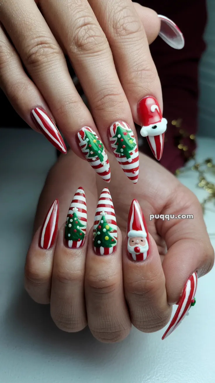 Festive Christmas-themed nail art featuring red and white stripes, Christmas trees, and Santa Claus designs.