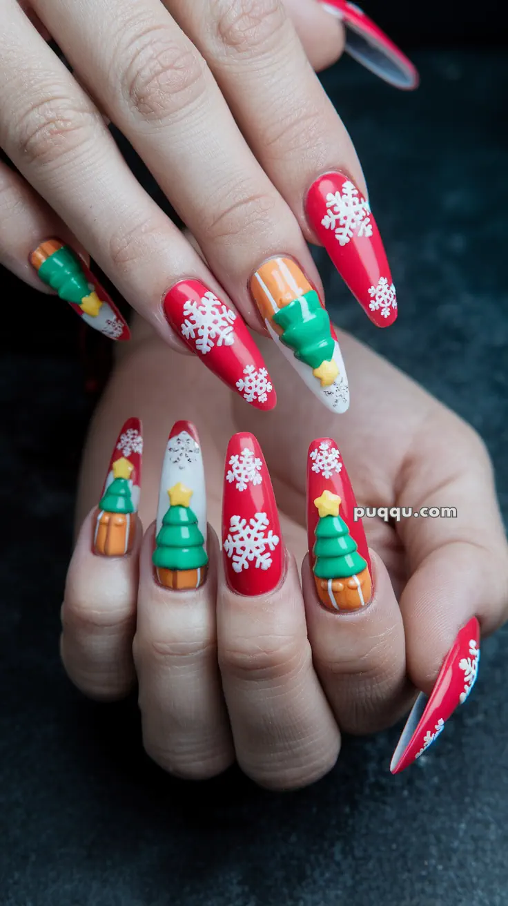 Hands with long, festive nail art featuring red polish, white snowflakes, green Christmas trees, and yellow star accents.