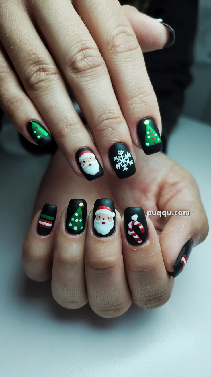 Black matte Christmas-themed nail art with Santa Claus, Christmas trees, snowflake, and candy cane designs.