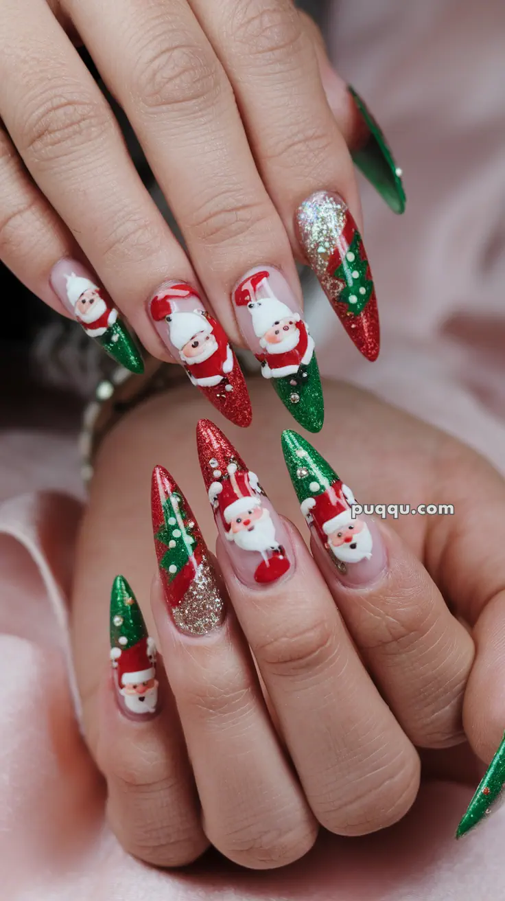 Fingernails with Christmas-themed decorations including Santa Claus and green and red glitter designs.