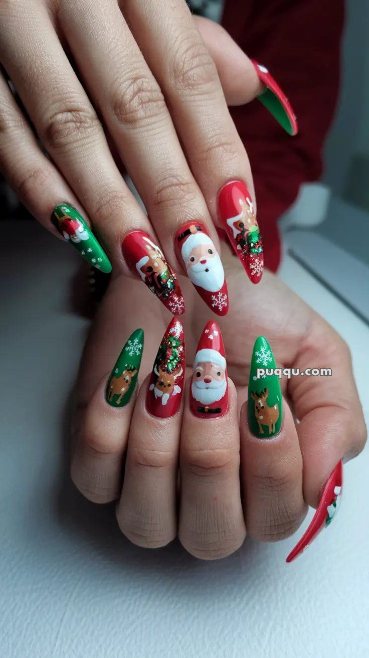 Close-up of festive long nails with Santa Claus, reindeer, and Christmas decorations painted on them in red and green.