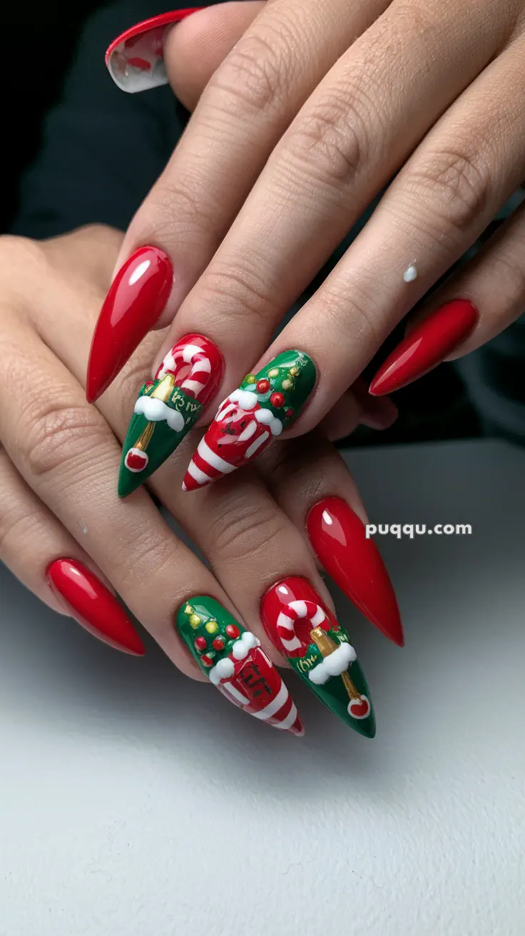 Christmas-themed stiletto nails with red and green designs, featuring candy canes, holly, and festive decorations.