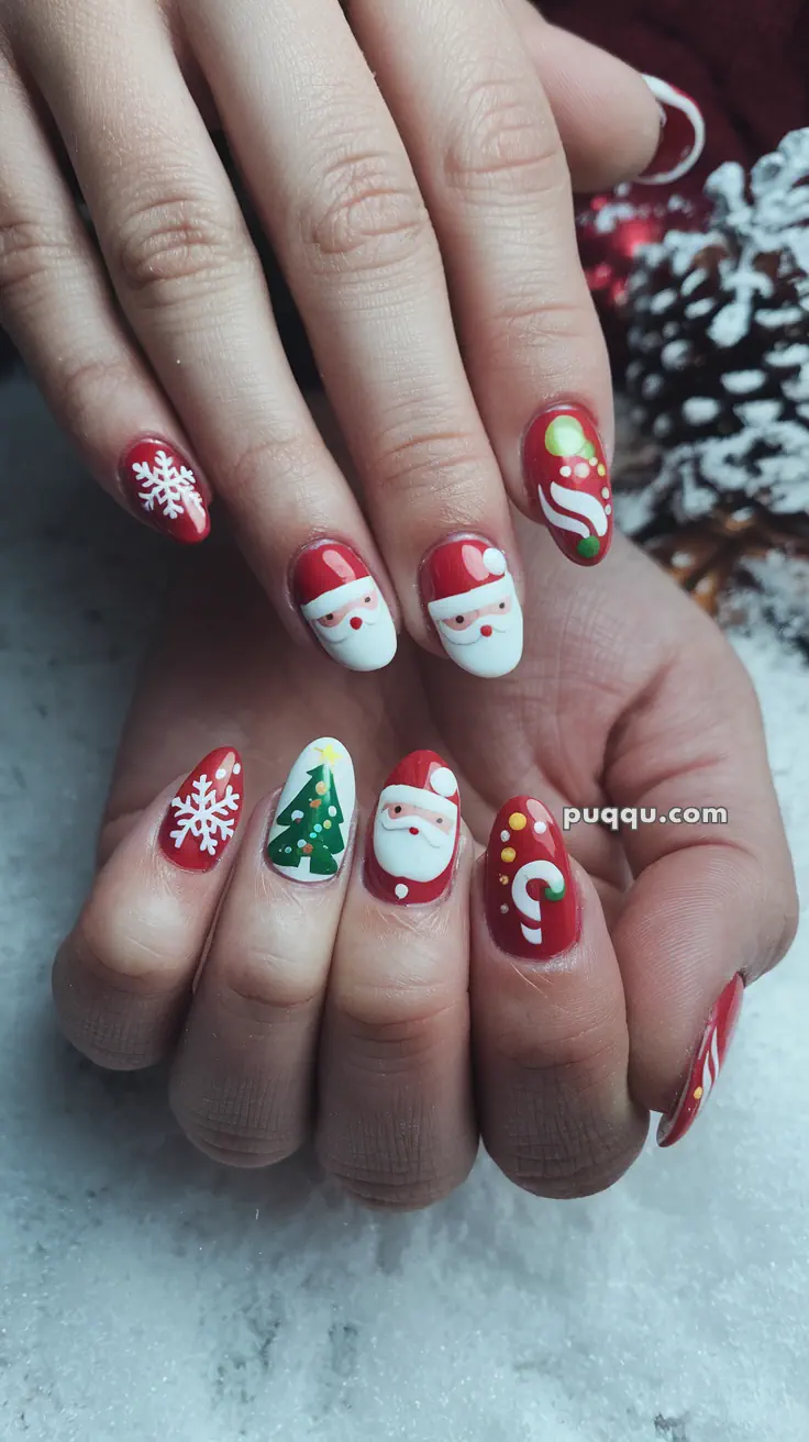 Fingernails painted with Christmas-themed designs including Santa Claus, snowflakes, a Christmas tree, and candy canes on a red background.