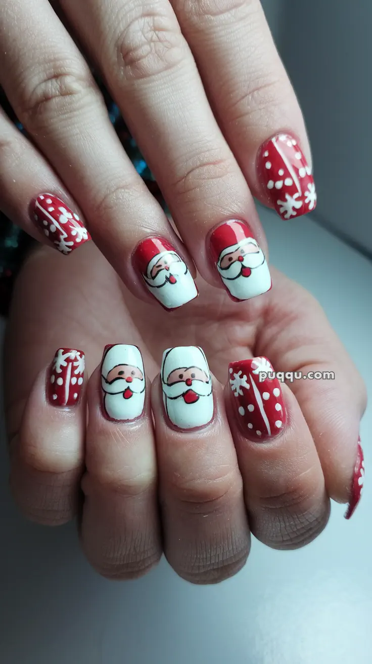 Festive nail art featuring Santa Claus faces and snowflake designs on red and white painted nails.