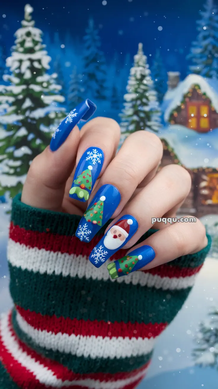 Hand with blue Christmas-themed nail art featuring snowflakes, Christmas trees, and a Santa face, against a snowy backdrop.