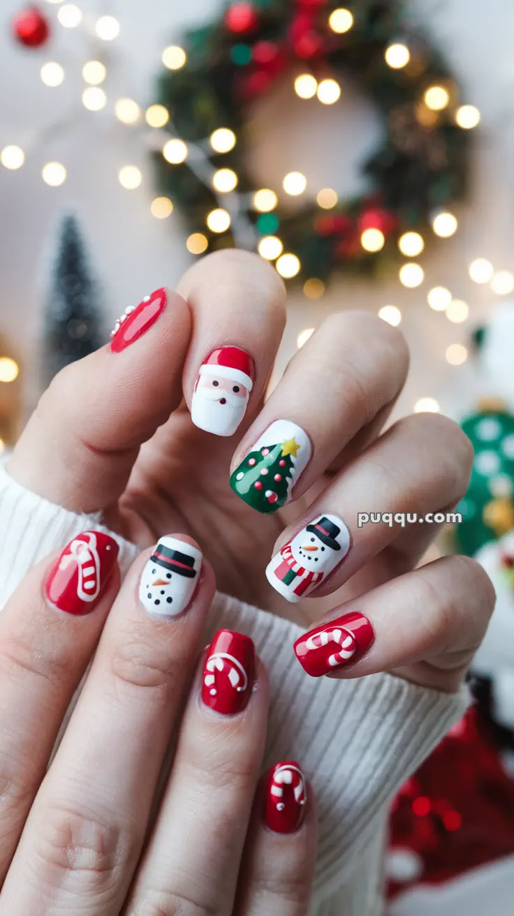 Festive Christmas-themed nail art featuring designs of Santa, snowmen, a Christmas tree, and candy canes.