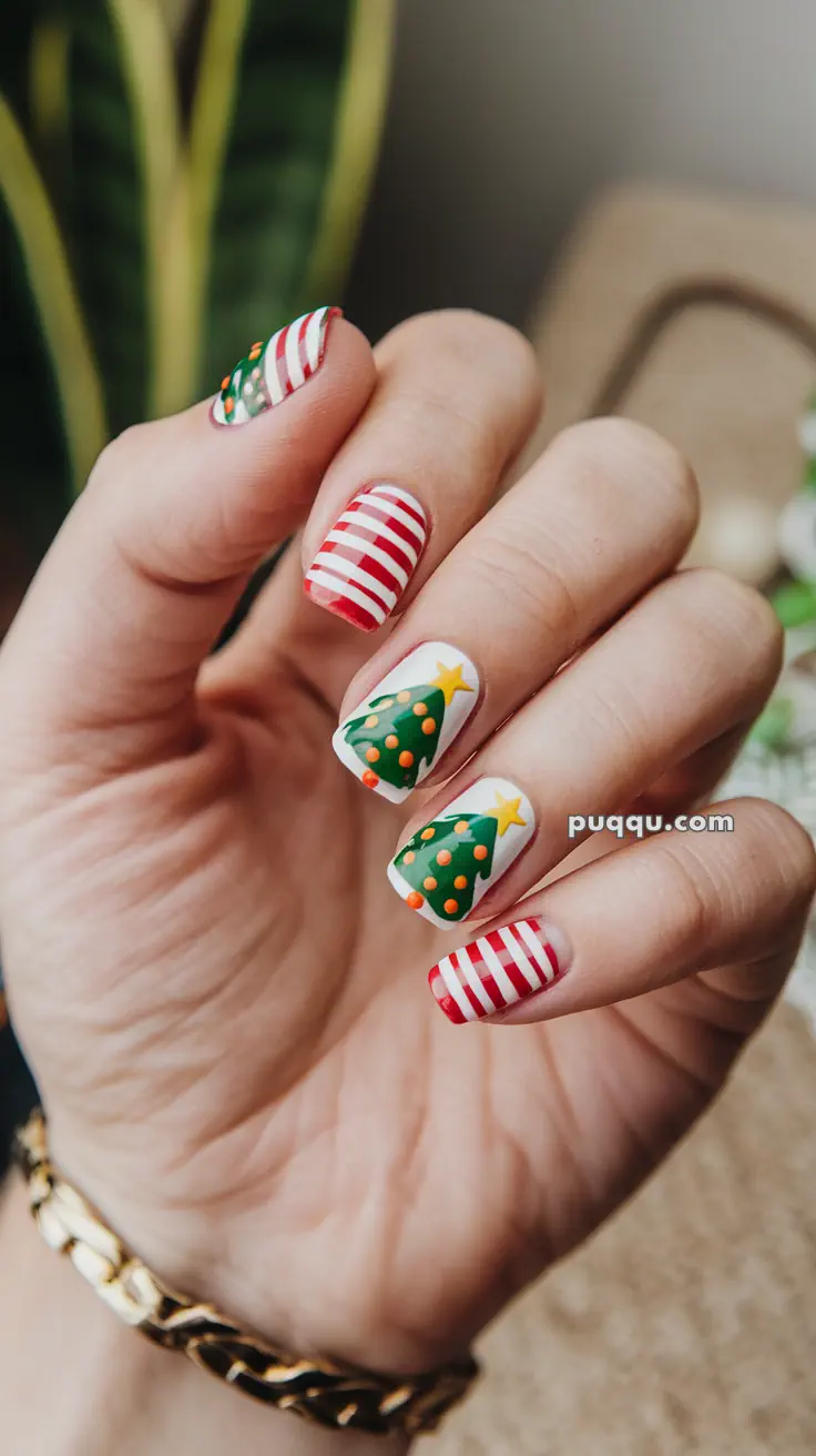 Hand with Christmas-themed nail art featuring green trees and red and white stripes.