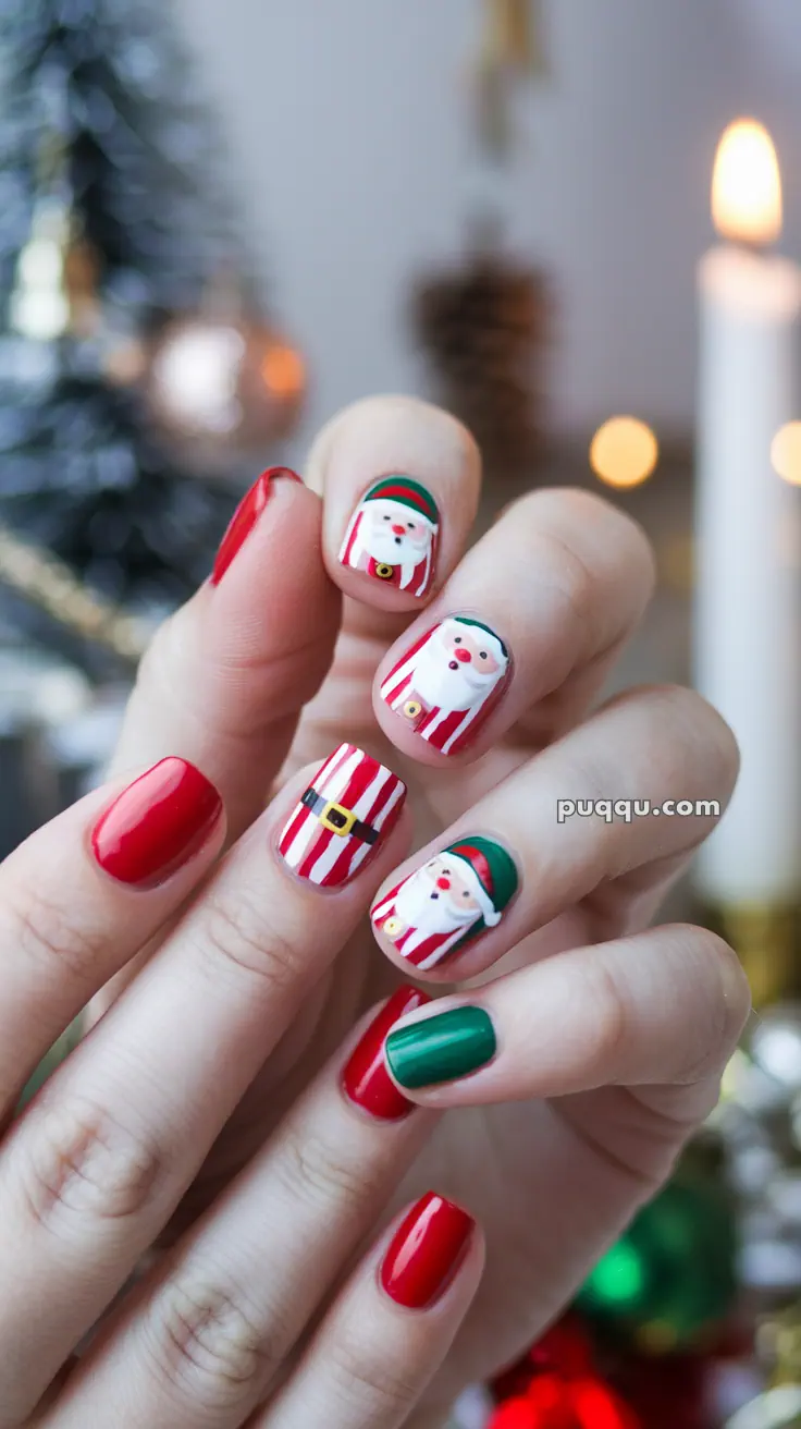 Christmas-themed nail art with Santa designs, red, green, and striped patterns.