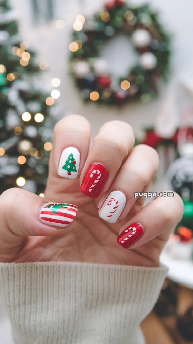 Festive nail art with Christmas designs, including a tree, candy canes, and red stripes.