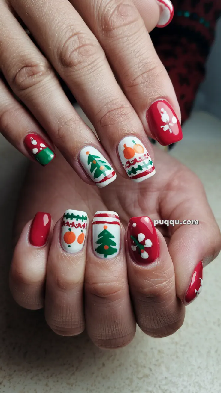 Festive nail art with red and white colors, featuring Christmas trees, ornaments, and snowflake designs.