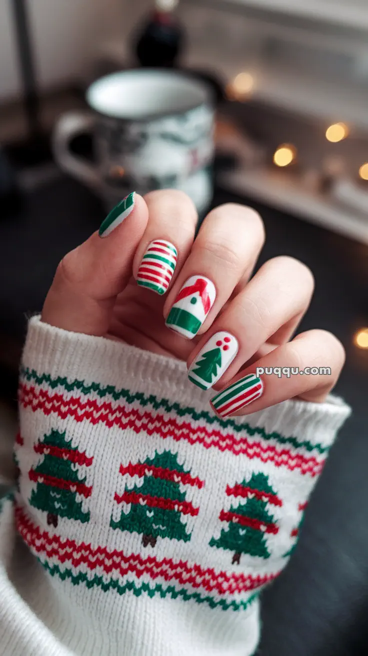 Close-up of a hand with festive Christmas-themed nail art, featuring stripes, a tree, and a gnome, wearing a sweater with tree patterns.