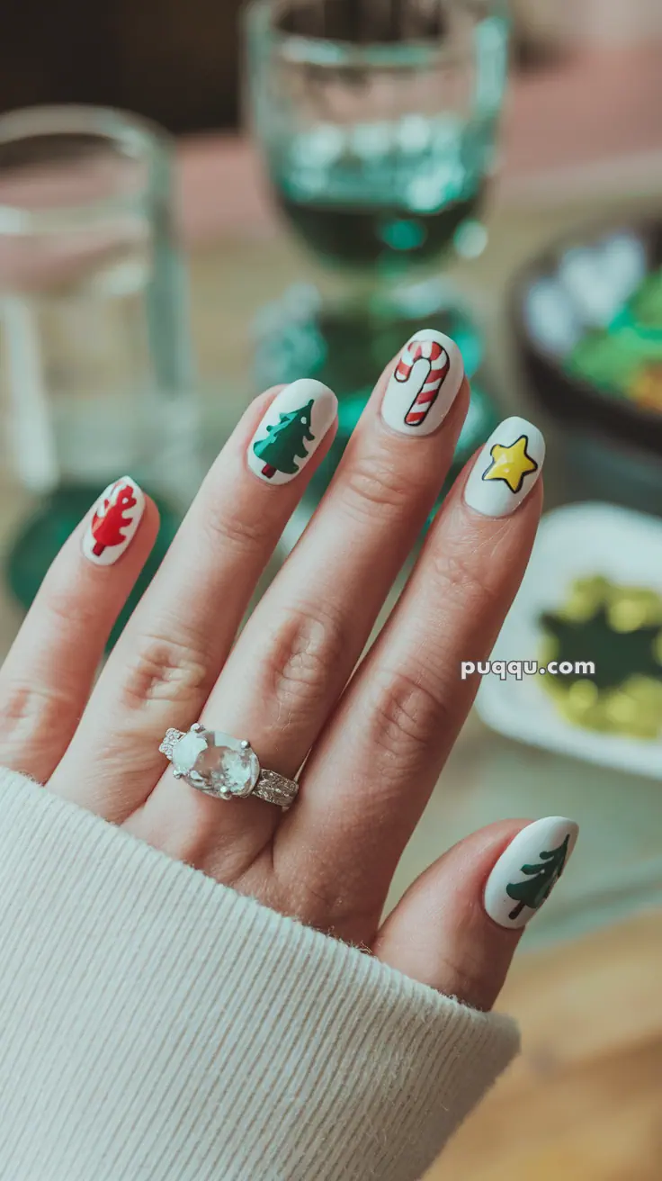 Close-up of a hand with festive nail art, featuring Christmas-themed designs including a tree, candy cane, star, and red leaf, with a silver ring on the ring finger.