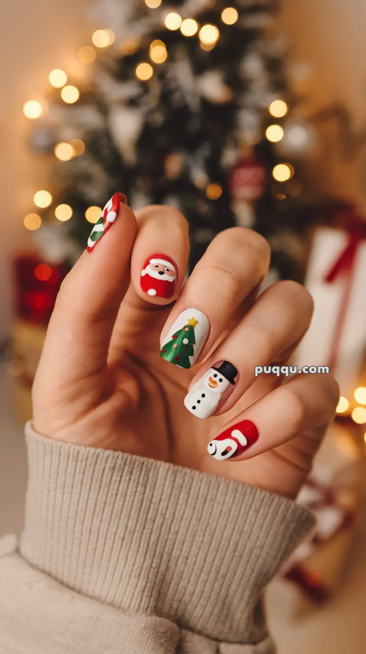 Festive nail art featuring Santa, Christmas tree, and snowman designs against a blurred background with holiday lights.