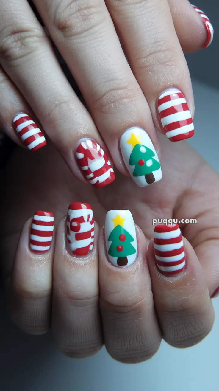 Close-up of hands with festive nail art featuring Christmas trees and red-and-white candy cane stripes.