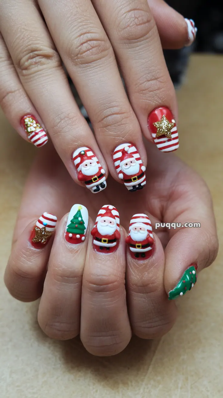 Close-up of hands with festive Christmas-themed nail art, featuring designs of Santa Claus, Christmas trees, gold stars, and red and white stripes.