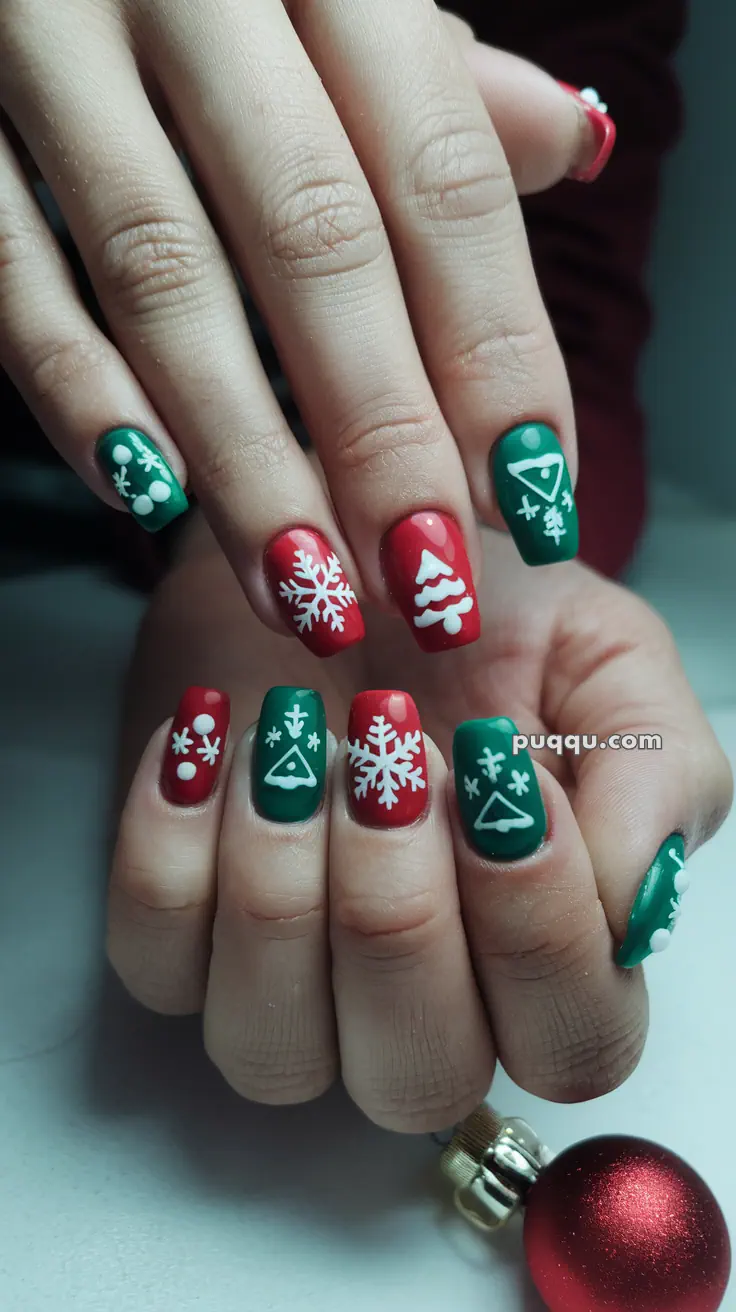 Hands with festive red and green Christmas-themed nail art featuring snowflakes and trees.