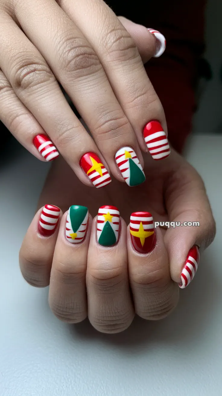 Christmas-themed nails with red and white stripes, and designs featuring green trees and yellow stars.