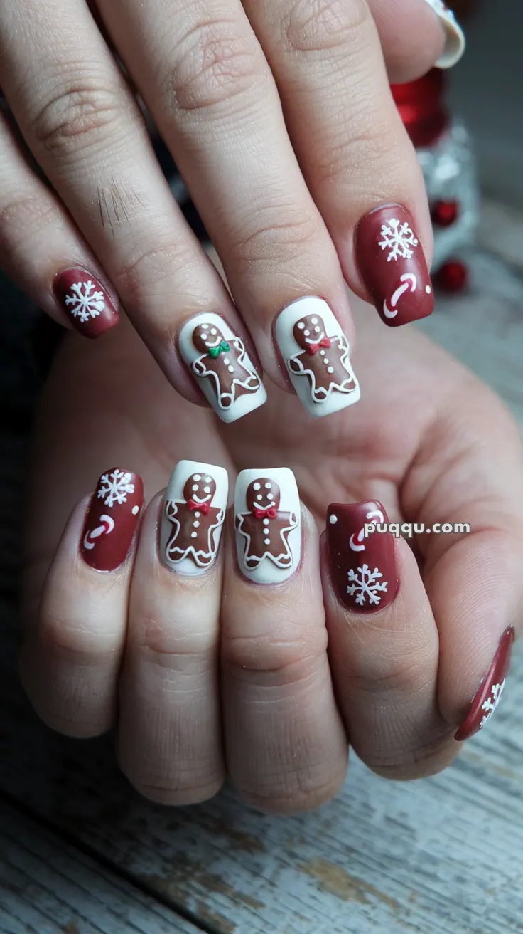 Fingernails painted with festive Christmas designs featuring gingerbread men, snowflakes, and candy canes on white and red backgrounds.