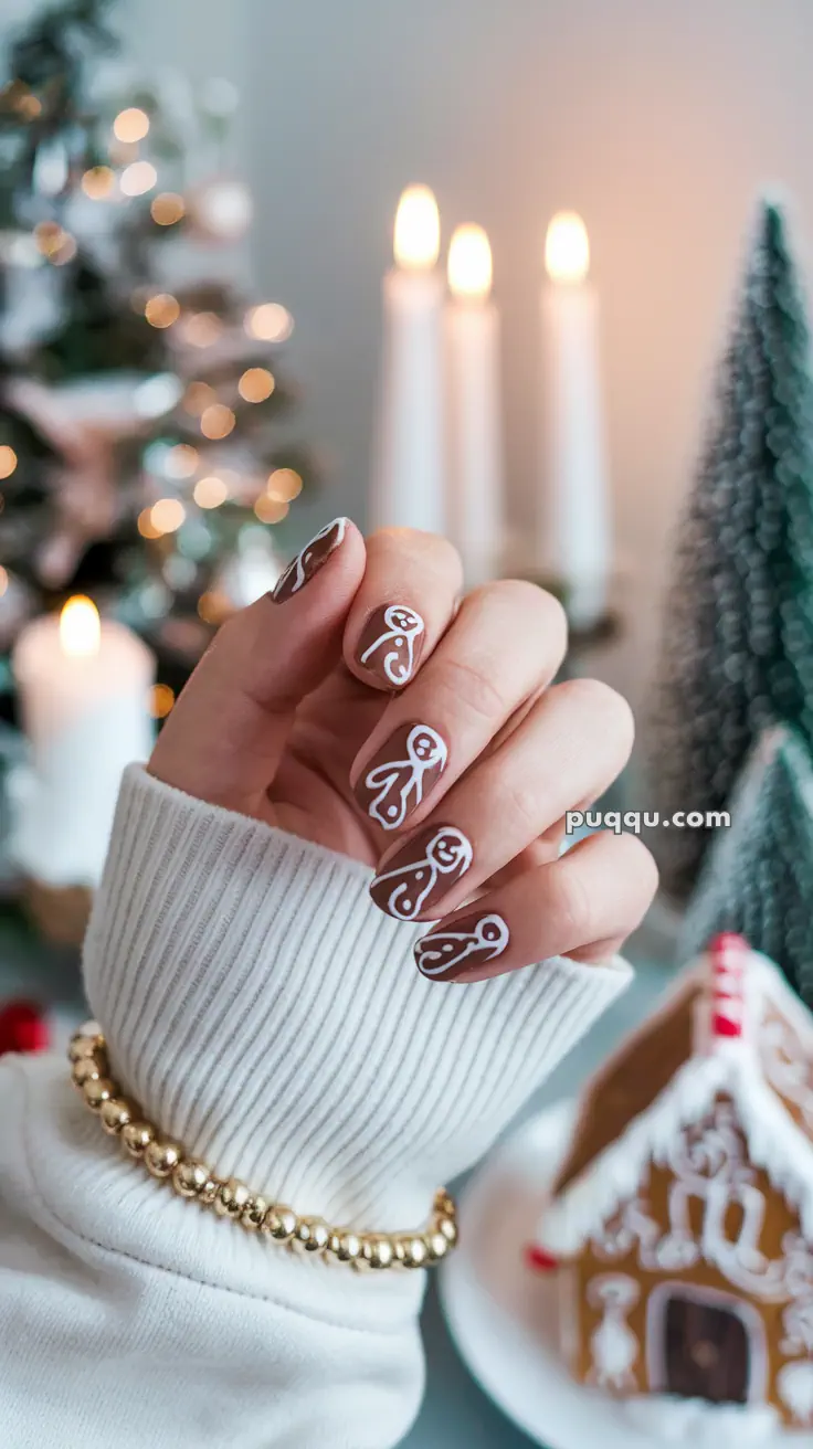 A hand with gingerbread man-themed nail art, with a blurred background of candles and Christmas decor.