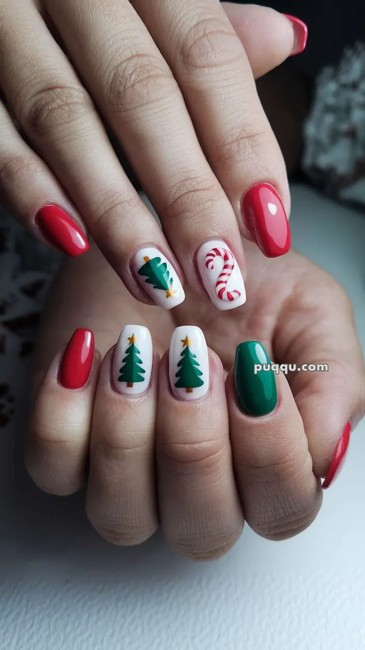 Christmas-themed nail art with red and green polish, featuring designs of trees and candy canes.