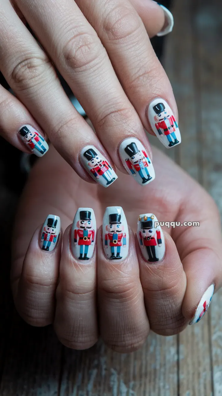 Fingernails painted with nutcracker soldiers design on a light background.