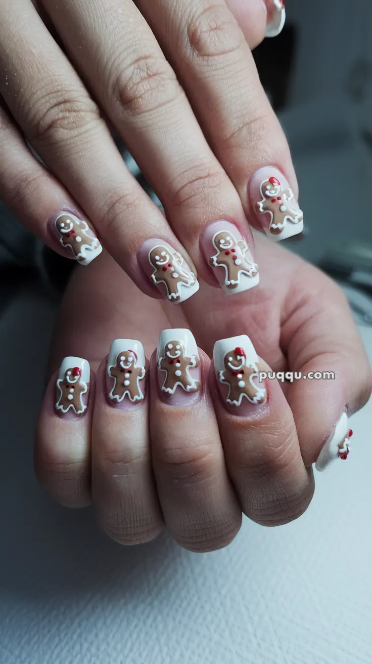 Fingernails with gingerbread men nail art design.